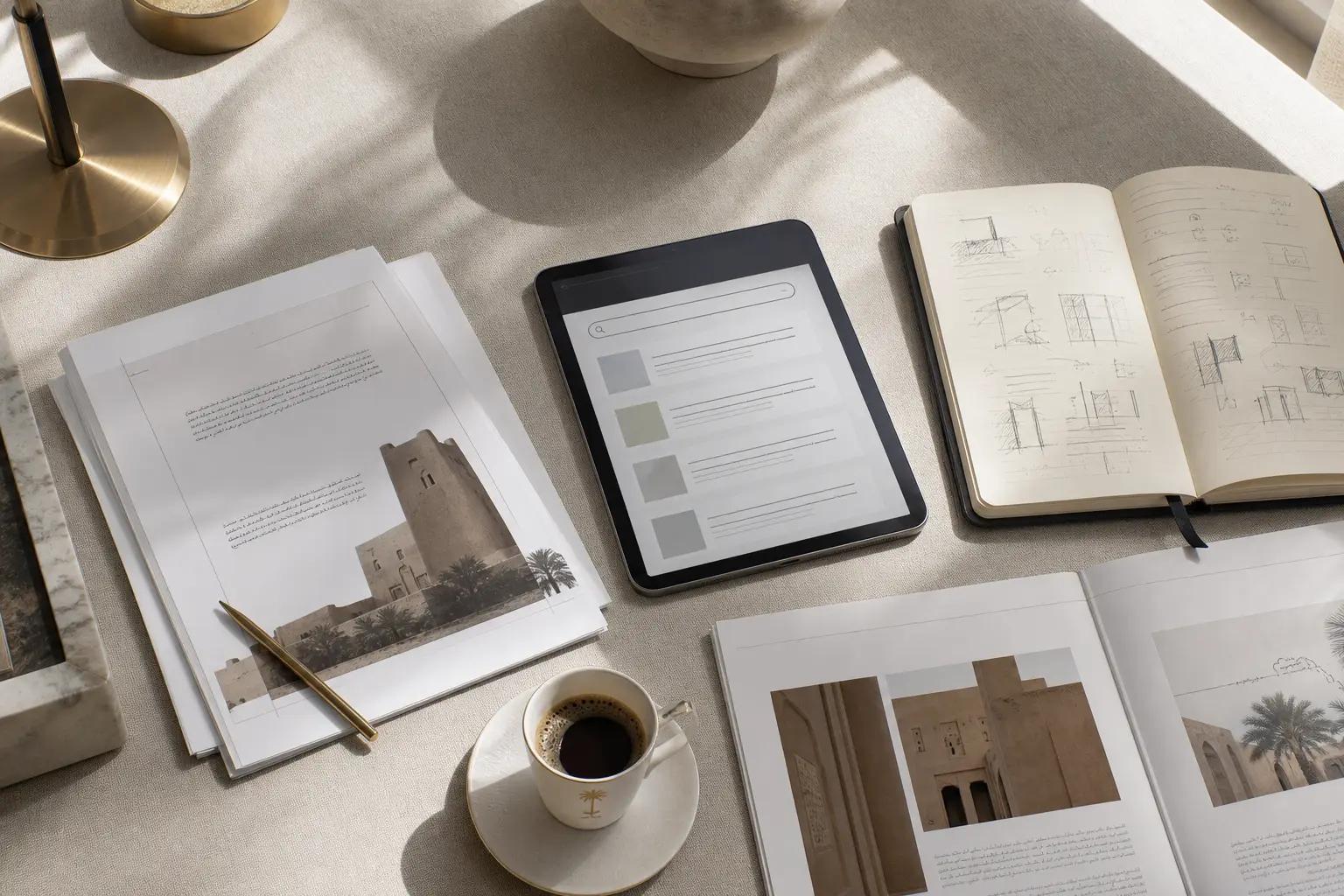 صفحات كتالوج مطبوعة وجهاز لوحي على مكتب