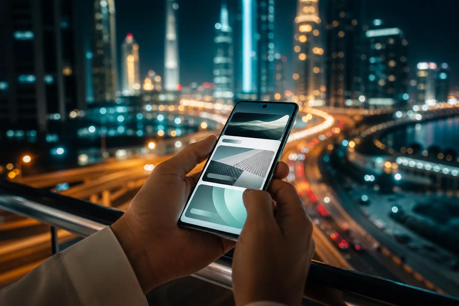 هاتف يعرض صفحة أثناء التحميل أمام أفق مدينة ليلاً