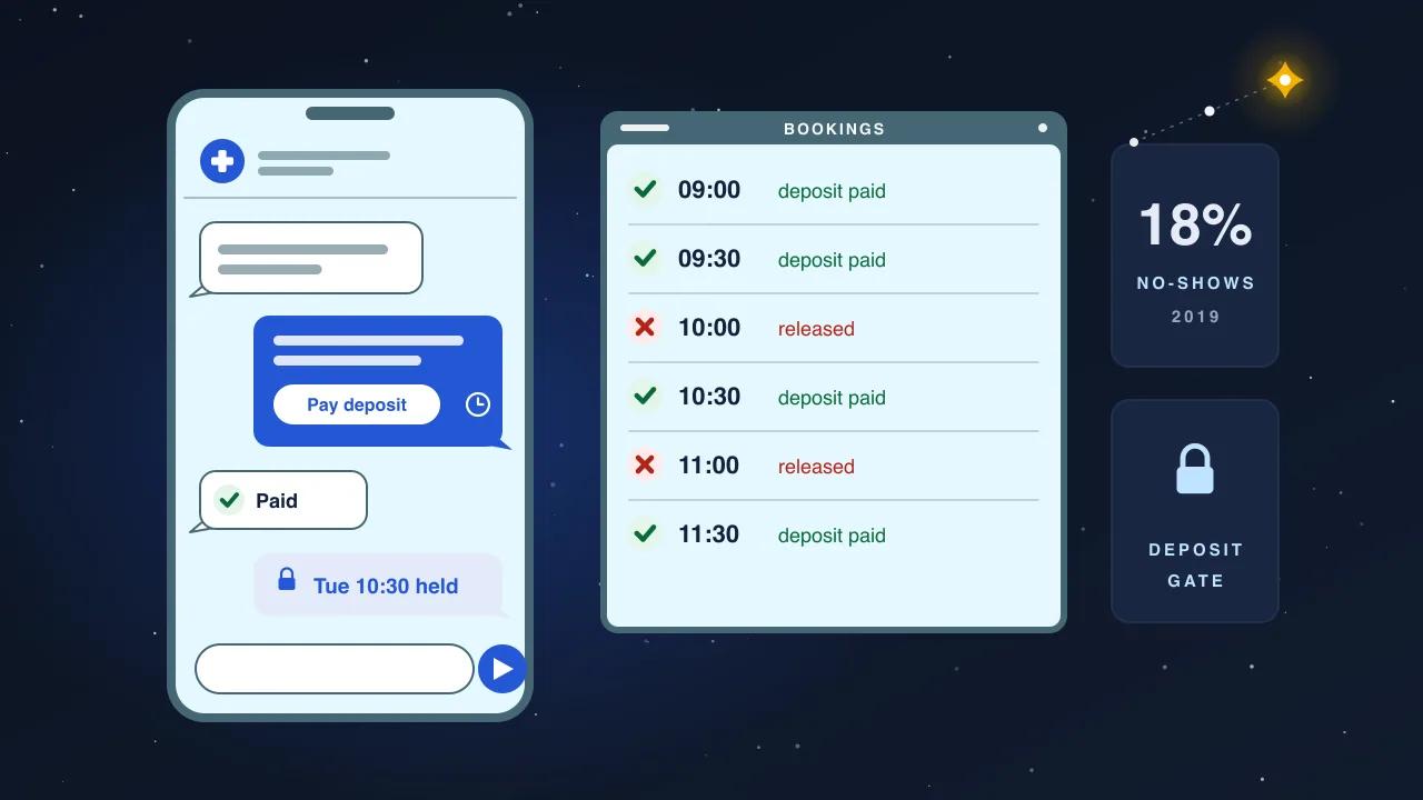 رسم توضيحي: محادثة WhatsApp لعيادة تطلب عربوناً لحجز الموعد ثم تؤكده، ولوحة حجوزات تُعلَّم فيها الحجوزات المدفوعة ويُفرج عن غير المدفوعة، وبطاقة تقرأ 18% غياب