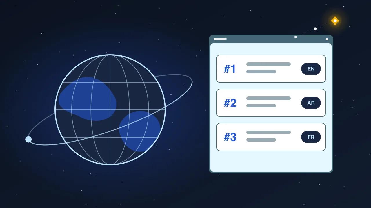 Illustration: a wire globe with an orbit ring beside a ranking list with positions one to three tagged EN, AR and FR