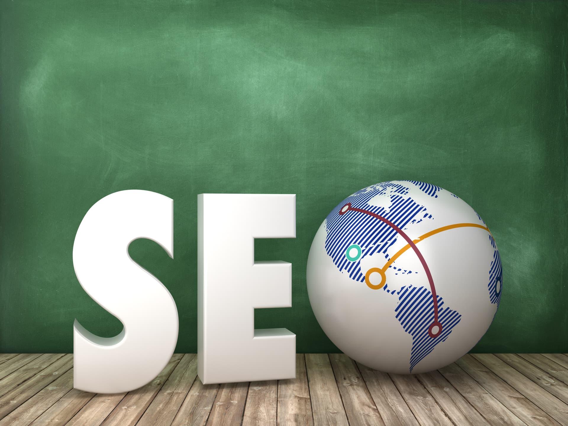 The letters SEO with a globe replacing the O