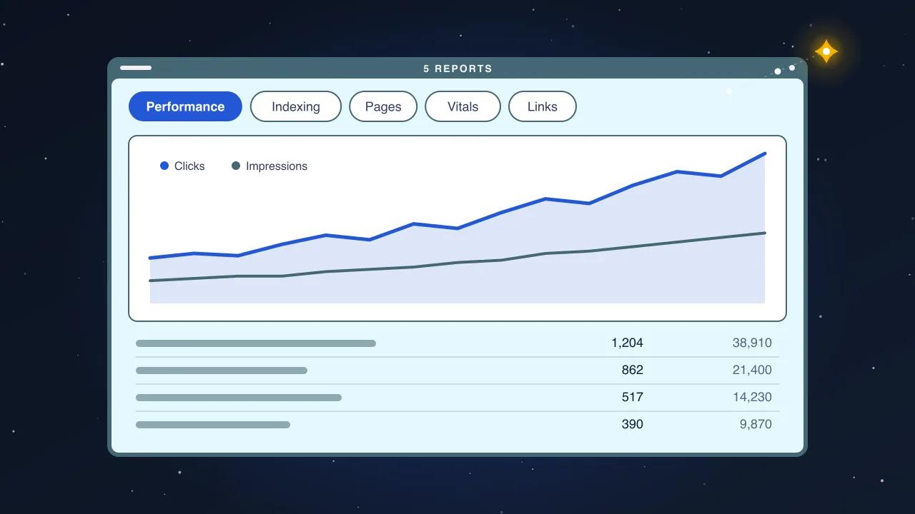 Illustration: a Search Console style report with five tabs, a clicks and impressions chart and a query table