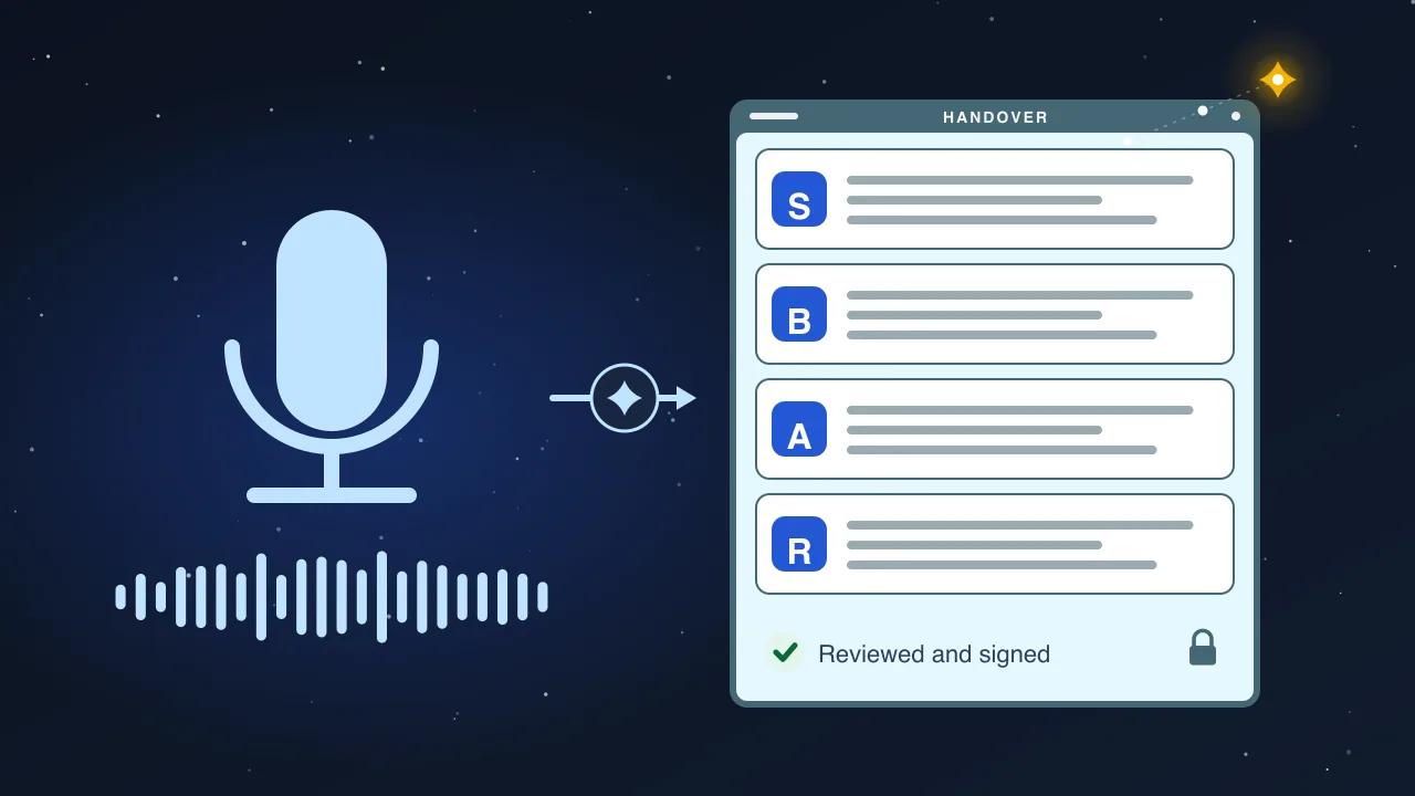 Illustration: a microphone with a sound wave, an arrow through an AI spark, and a handover note with S, B, A and R blocks marked reviewed and signed