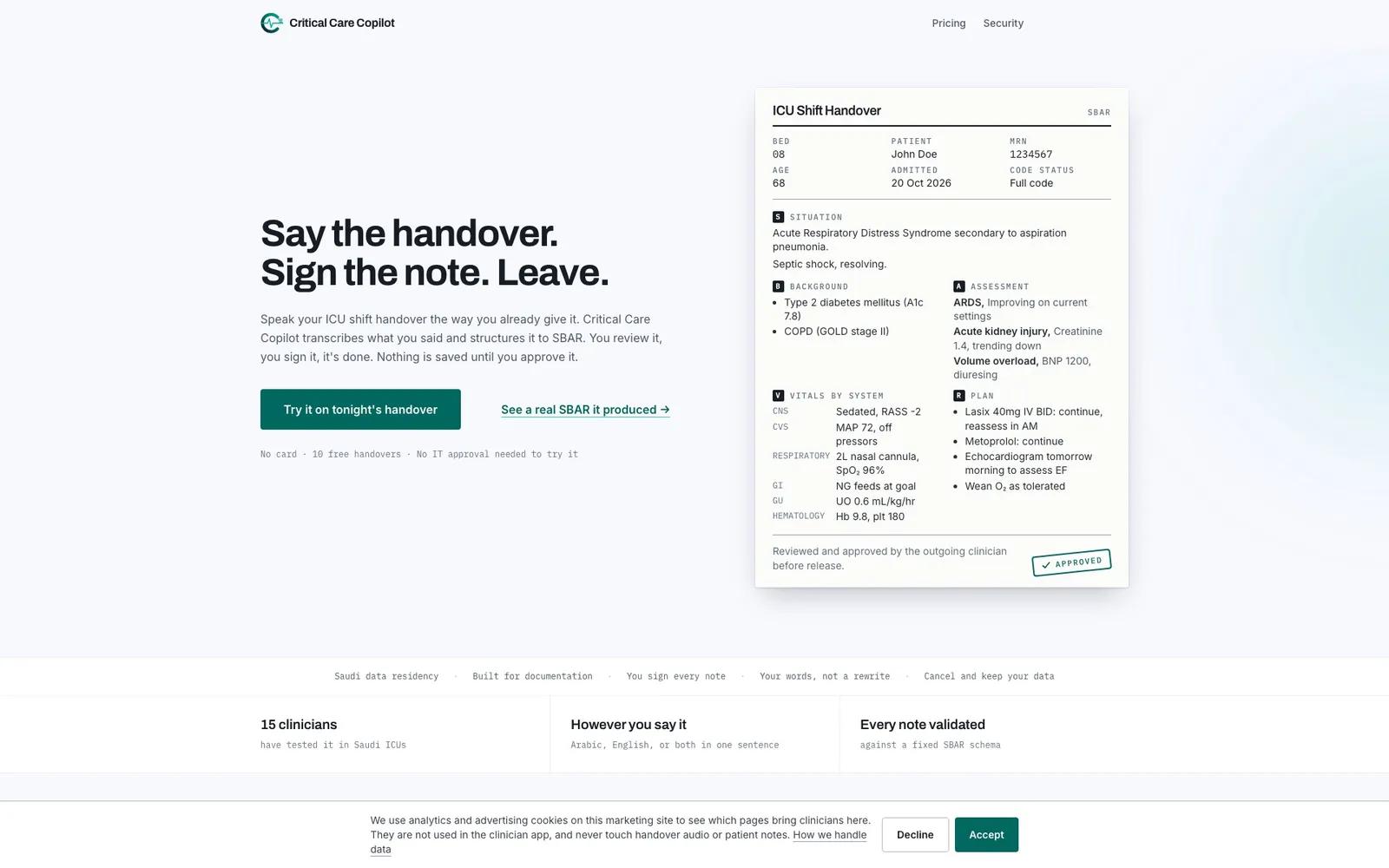 Critical Care Copilot: say the handover, sign the note, leave